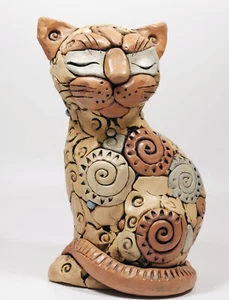 Very Interesting Large Art Pottery Seated Cat Sculpture ~ Circles & Swirls - Picture 1 of 5