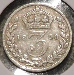 British Silver Threepence - 1890 (Brightly/Roughly cleaned) - Queen Victoria - Picture 1 of 2