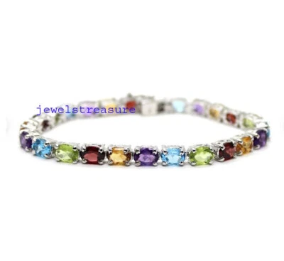 Natural Amethyst Citrine Garnet Blue topaz & Peridot stones 925 Silver Bracelet  - Image 1 of 4