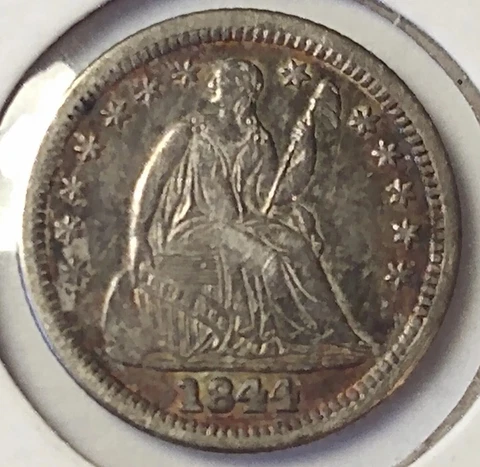 1844 Seated Liberty with Stars Half Dime. Pretty Original Toning XF/AU Cover