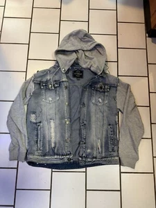 Victory Outfitters Denim Jacket Mens Blue Hooded Fleece Button Pockets Size L - Picture 1 of 6