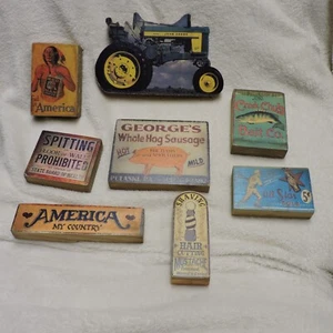 Vintage Tobacco Spitting Tractor Advertising Rustic Shelf Wooden Sign Blocks Set - Picture 1 of 16