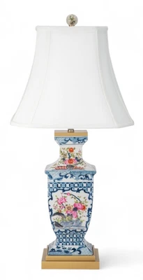 Lámpara de mesa rectangular de porcelana con enrejado de jardín floral con base dorada-33""H Foto 1 de 4