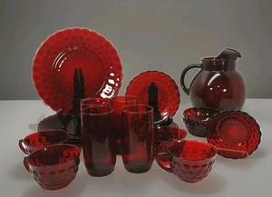 Vintage Anchor Hocking Royal Ruby Red Bubble Depression Glass Pitcher Plate Cup - Picture 1 of 12