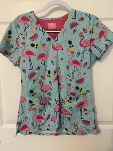 Women’s Scrub Top S Flamingos Pineapple Summer Vibes Zavate Apparel Ava Therese - Picture 1 of 8