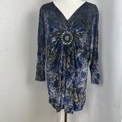 VTG Dressbarn Top Womens 2X Blue Floral Velvet Burnout Sheer Whimsigoth Fairy - Image 1 of 4