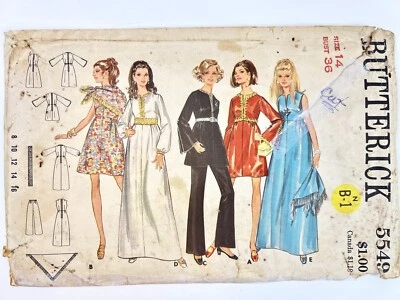 Butterick 5549 A-Line Evening Dress, Pants & Scarf, Size 14, 1960's Cut Complete - Image 1 of 3