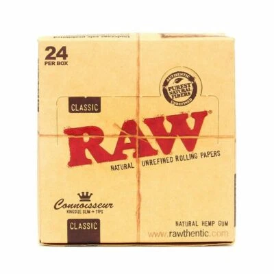 RAW CLASSIC KING SIZE CONNOISSEUR Slim Rolling Papers with Roach Tips 1 - 24 - Image 1 of 3