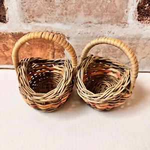 2 Vintage Miniature Wicker Basket 4" Brown E1-859 - Picture 1 of 9