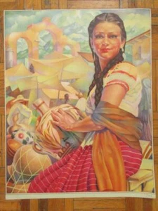 1940er SCHÖNES SENORITA GONZALEZ CAMARENA MERCADO ORIG MEXIKANISCHER KALENDER POSTER - Bild 1 von 1