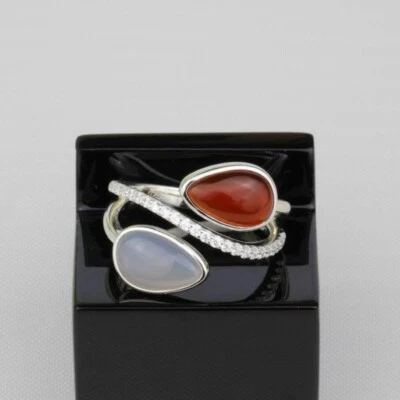 Ring mit 24 Zirkonia und 2 Achat Steinen, echt Silber -Außergewöhnlicher Ring - Bild 1 von 4