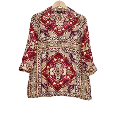 Top Talbots Lino Seda Manga 3/4 Geo Estampado Rojo Marrón 6 Petite Foto 1 de 4