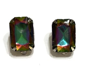Watermelon Color Changing Rhinestone Earrings Silver Tone Clip On Vtg Rectangle - Picture 1 of 13