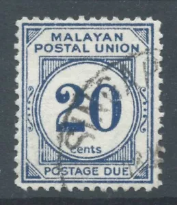 MALAYAN POSTAL UNION 1957 SGD21a 20c blue P121/2 Postage Due fine used. Cat £26 - Picture 1 of 2