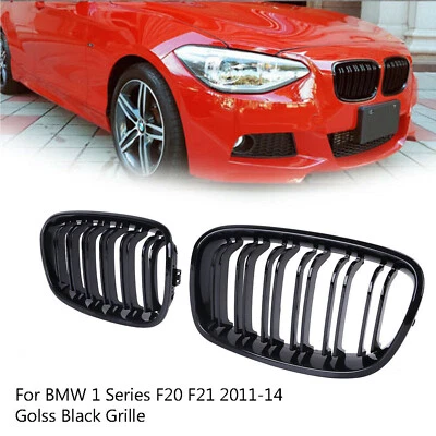 For BMW 1 Series F20 F21 2011-14 Gloss Black Sport Kidney Twin Fins Slat Grille - Image 1 of 4