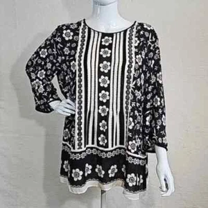 J Jill Chiffon Pleated Velvet Trim Nordic Floral Peasant Black Cream Blouse 1X - Picture 1 of 10