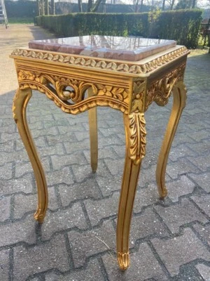 Table Louis XVI French Side Gold Leaf with Pink Marble Top Vintage Carved Wood - Image 1 of 4