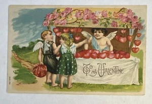 Postal de San Valentín en relieve Cupido Querubín venta corazones a pareja Alemania - Imagen 1 de 2
