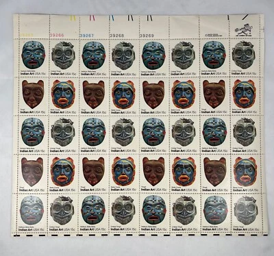 FULL SHEET 15 cent stamps  # 1834-1837  Indian Art Native Indian Masks - Image 1 of 2