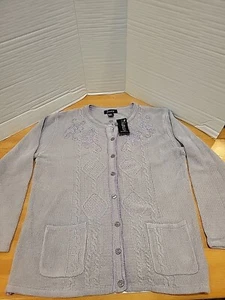 Jenny NWT Cottagecore Floral Embroidered Cardigan Gray Lavender Flowers Size XL  - Picture 1 of 7