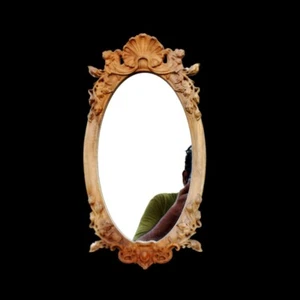 Wooden Wall Mirror Teak Wood Natural Finish Framed Hand Carved Decorative - Picture 1 of 10