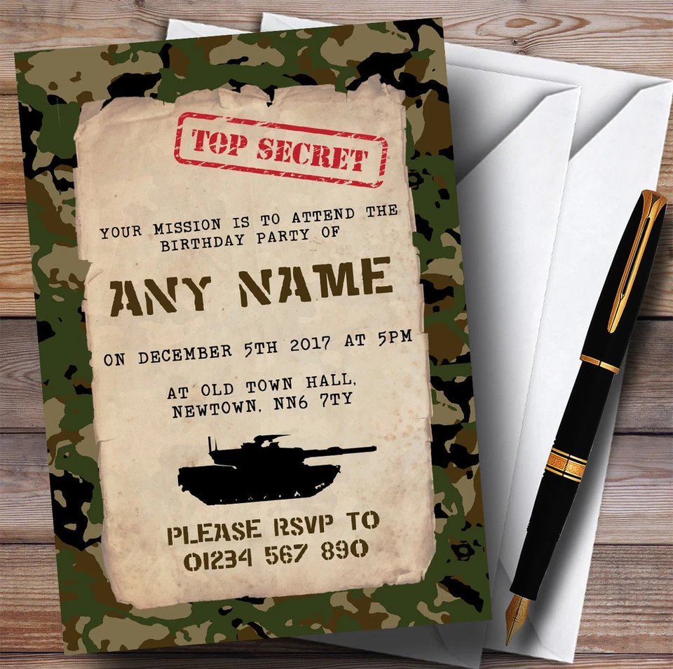 THECARDZOO Top Secret Army Soldier Camouflage Childrens Birthday Party Invitations