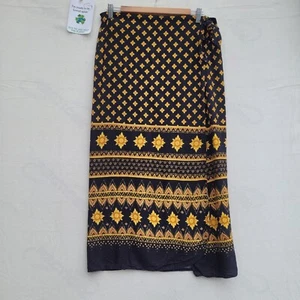 Long Wrap Skirt Women Size L Black Yellow Floral Tie Waist Ladies Skirt - Picture 1 of 9