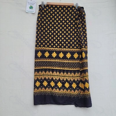 Long Wrap Skirt Women Size L Black Yellow Floral Tie Waist Ladies Skirt - Image 1 of 4