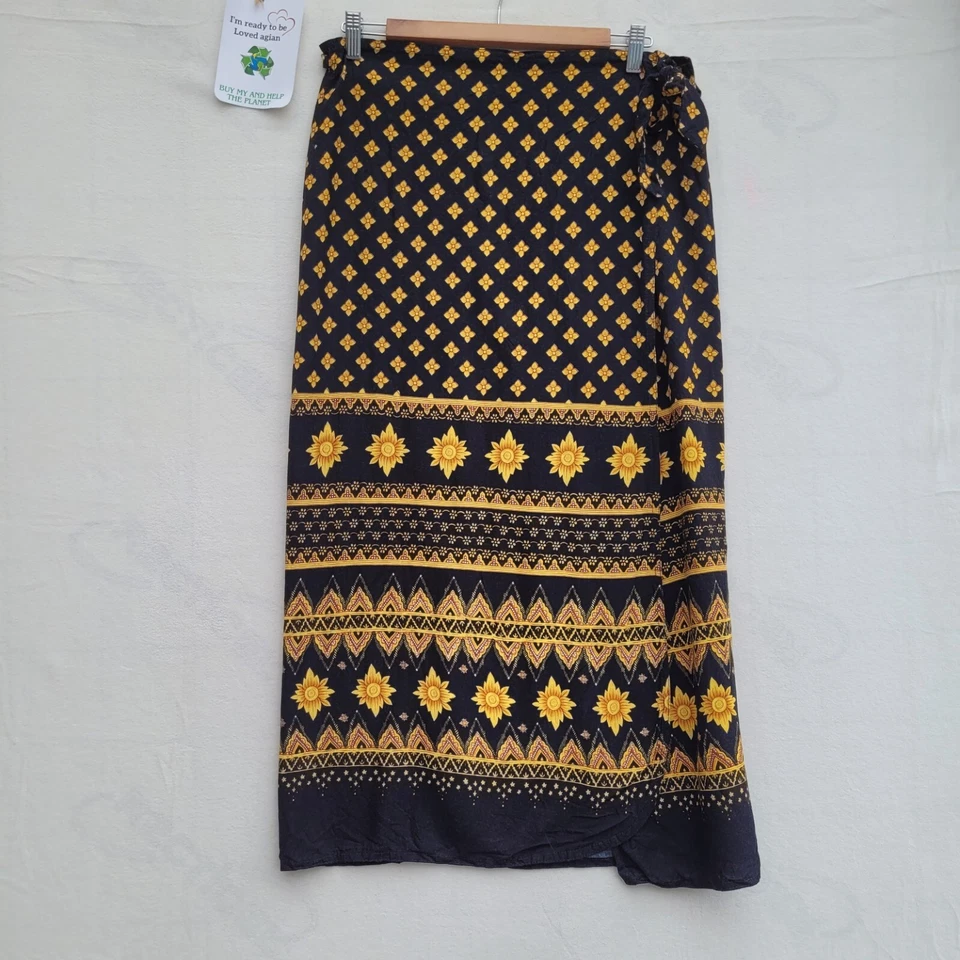 Long Wrap Skirt Women Size L Black Yellow Floral Tie Waist Ladies Skirt - Image 1 of 1