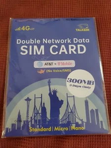 4G LTE Data SIM Card 300mb Standard Micro Nano TALKSIM Dual Network AT&T TMobile - Picture 1 of 2