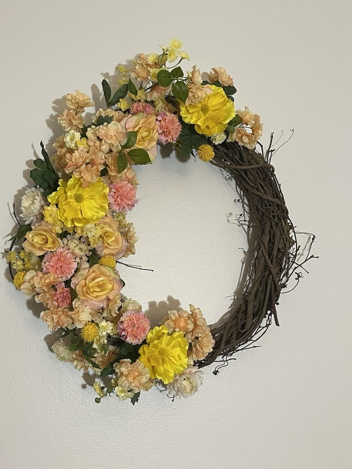 Artificial Spring Wreath for Front Door or Porch, Yellow, Peach And Orange - Image 1 of 4