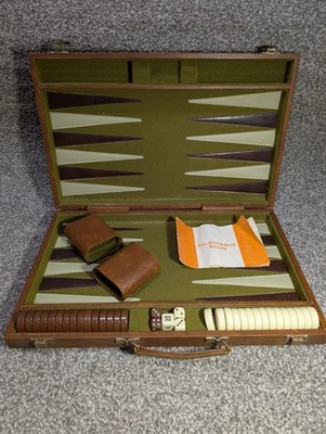 Vintage Backgammon Set In Faux Leather Travel Briefcase - Image 1 of 4