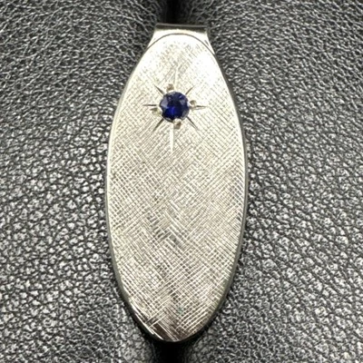 Clip de corbata retro de zafiro de laboratorio de plata esterlina cepillada 925 Q24  Foto 1 de 4