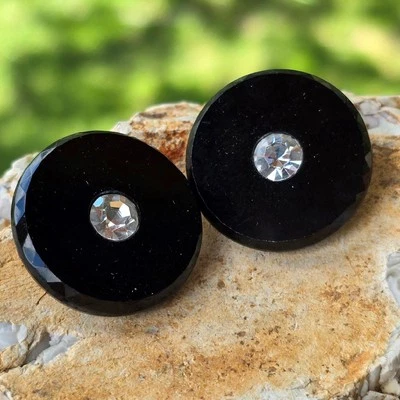 Sleek Vintage Faceted Black Glass Buttons /w Clear Rhinestone 27mm - Image 1 of 4