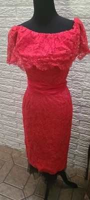 Vestido de encaje floral rojo Lee Claire vintage de los años 50 cinturón satinado menearse hecho a medida Foto 1 de 4