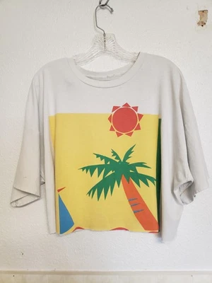 Поврежденная винтажная укороченная квадратная футболка солнце пальма дерево женская M-L пляж лодка серфинг водный покрой - Изображение 1 из 4
