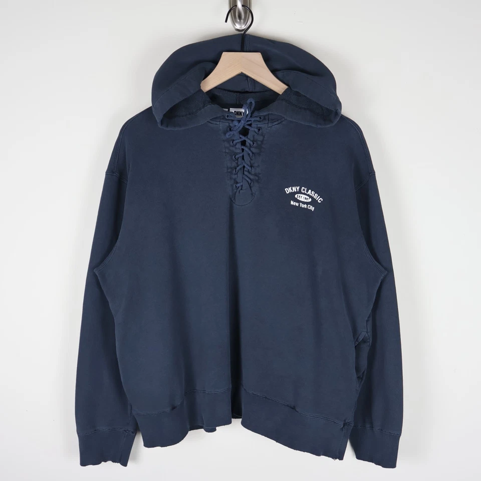 Винтажная женская толстовка с капюшоном Y2K DKNY Classic завязка черная большая 24,5x24 - Изображение 1 из 4