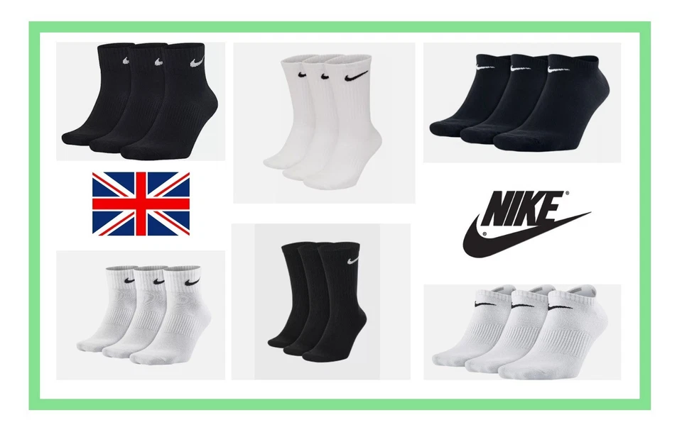 NIKE SOCKS Mens Women 3 Pairs Black Or White Crew Ankle Cotton Socks Sports