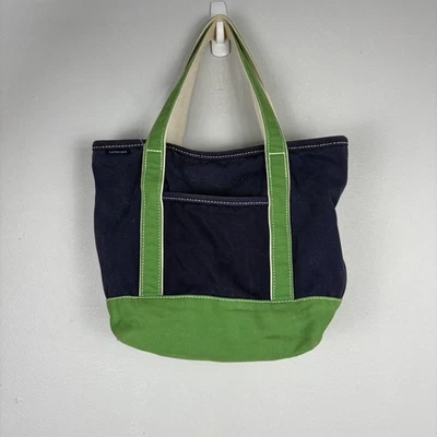 VTG Lands End Canvas Tote Bag Navy & Green Medium Travel Classic - Image 1 of 4