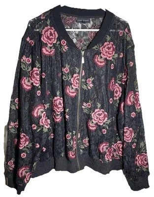 Lane Bryant Black Sheer Lace Pink Floral Bomber Jacket Plus Size 26/28 Boho Zip - Image 1 of 4