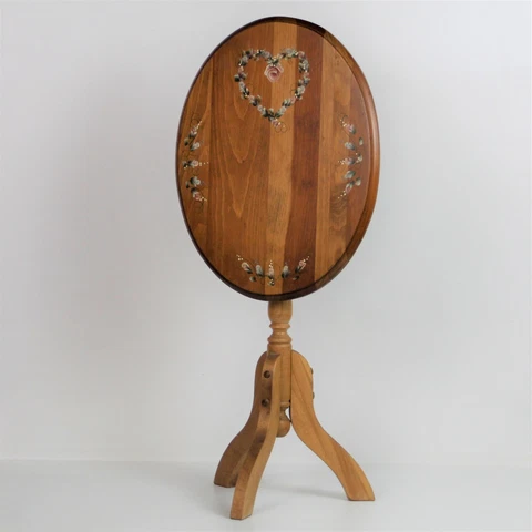 Vintage Wood Tilt Top End Table Side Table Oval w/Flower Painted Design Cover