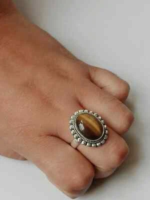 Anillo de plata esterlina 925 natural ojo de tigre piedras preciosas mujer joyería para ella D 18 Foto 1 de 4