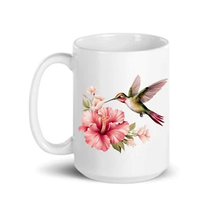 Hummingbird in Flight Flower Beautiful 15 Oz Ceramic Coffee Mug Cup With - Picture 1 of 1