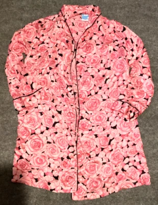 Nick & Nora Robe Small Silk Floral Short Pink Black Roses 1996 Tie Waist - Image 1 of 4