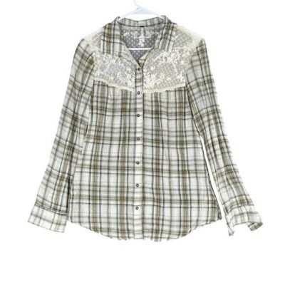 Free People M 中号格子 LS 纽扣衬衫花边女牛仔波西米亚嬉皮西部 — 第 1/4 张图片