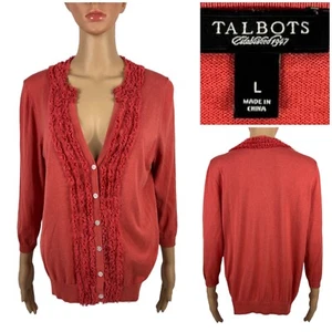 Talbots Womens Large Cardigan Orange Coral Silk Cotton Button 3/4 Sleeve EUC - Imagen 1 de 8