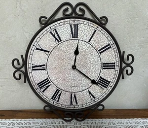 Retro Wall Clock 15” Brown Scroll Metal Frame Roman Numerals Antiqued Surface - Picture 1 of 11