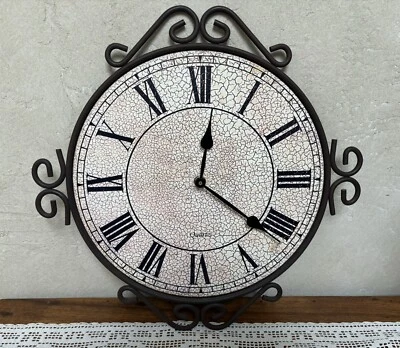 Retro Wall Clock 15” Brown Scroll Metal Frame Roman Numerals Antiqued Surface - Image 1 of 4