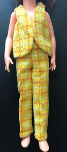 Completo vintage anni 70 velluto croccante fatto a mano pantaloni a quadri gilet giallo arancione - Foto 1 di 6