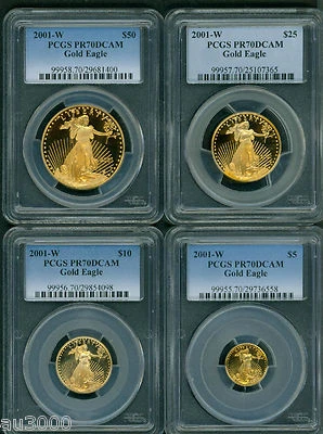2001-W 4-COINS SET $50 $25 $10 $5 GOLD EAGLE PCGS PR70 PROOF PF70 PF-70 SCARCE - Image 1 of 2